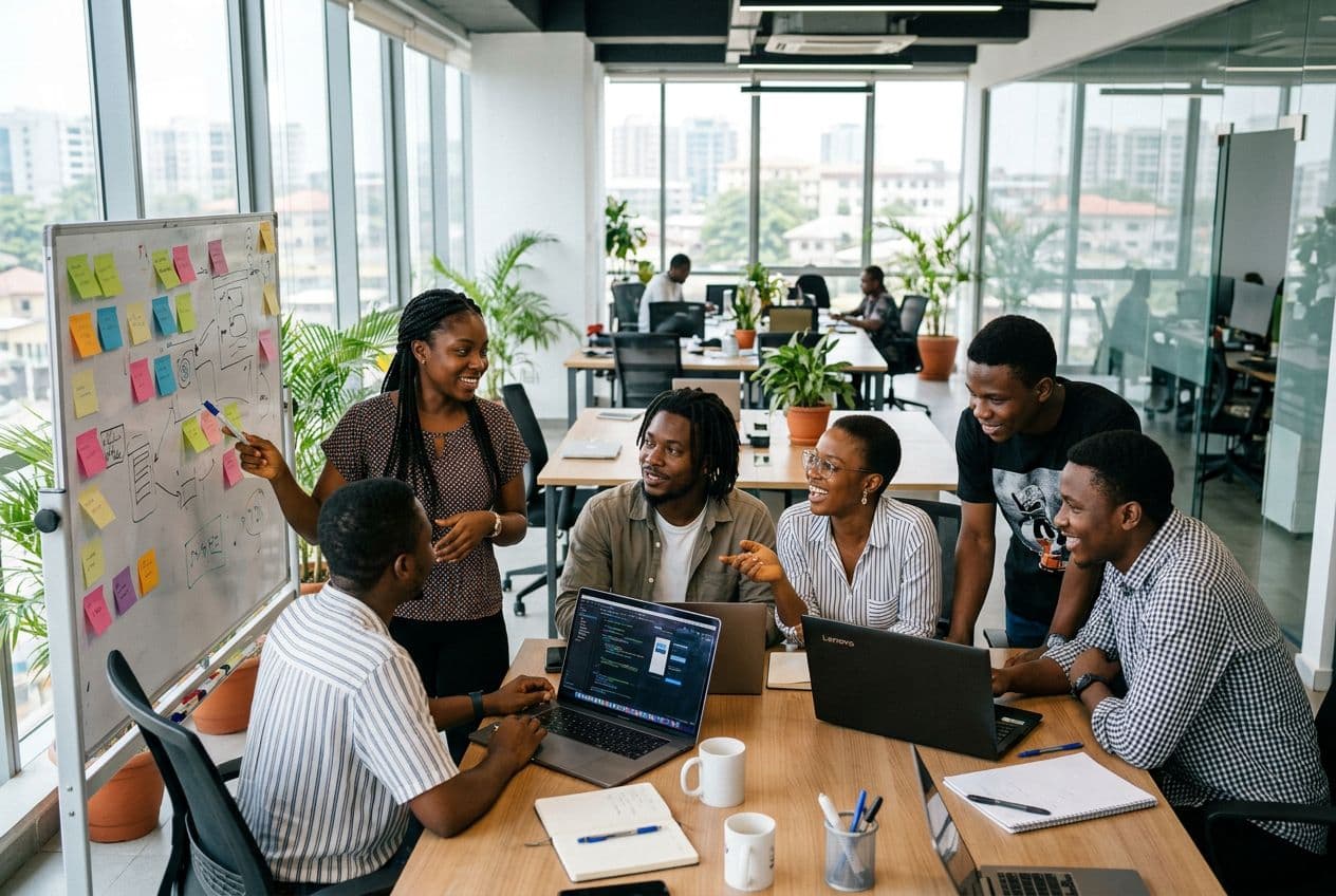 Illustrative photo of a product team working together in an office